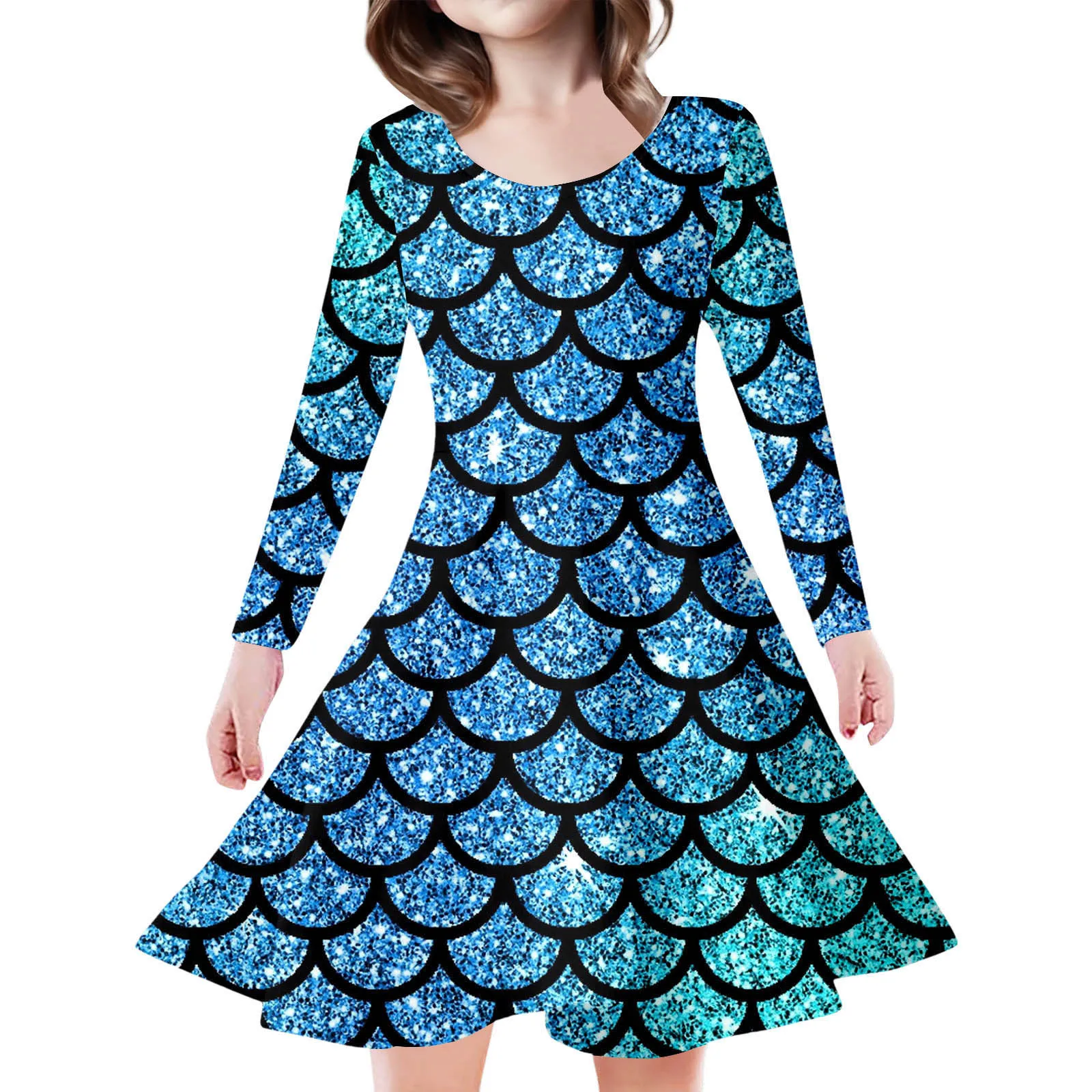 فستان بناتي للأطفال مطبوع عليه مقياس السمك بأكمام طويلة على شكل حرف A فساتين حورية البحر للأميرة المتأرجحة للحفلات التنكرية وحفلات الشاطئ غير الرسمية #5