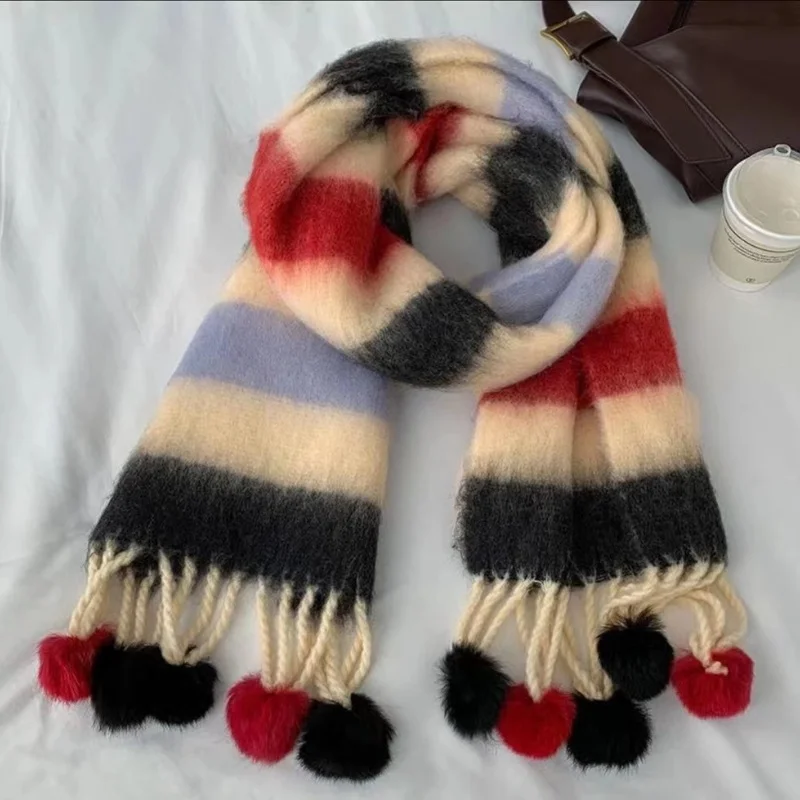 Korea Style Thick Warm Dopamine Scarf Soft Stripe Long Shawl Female Colorfur Thermal Y2K Scarf Girls Teen Muffler