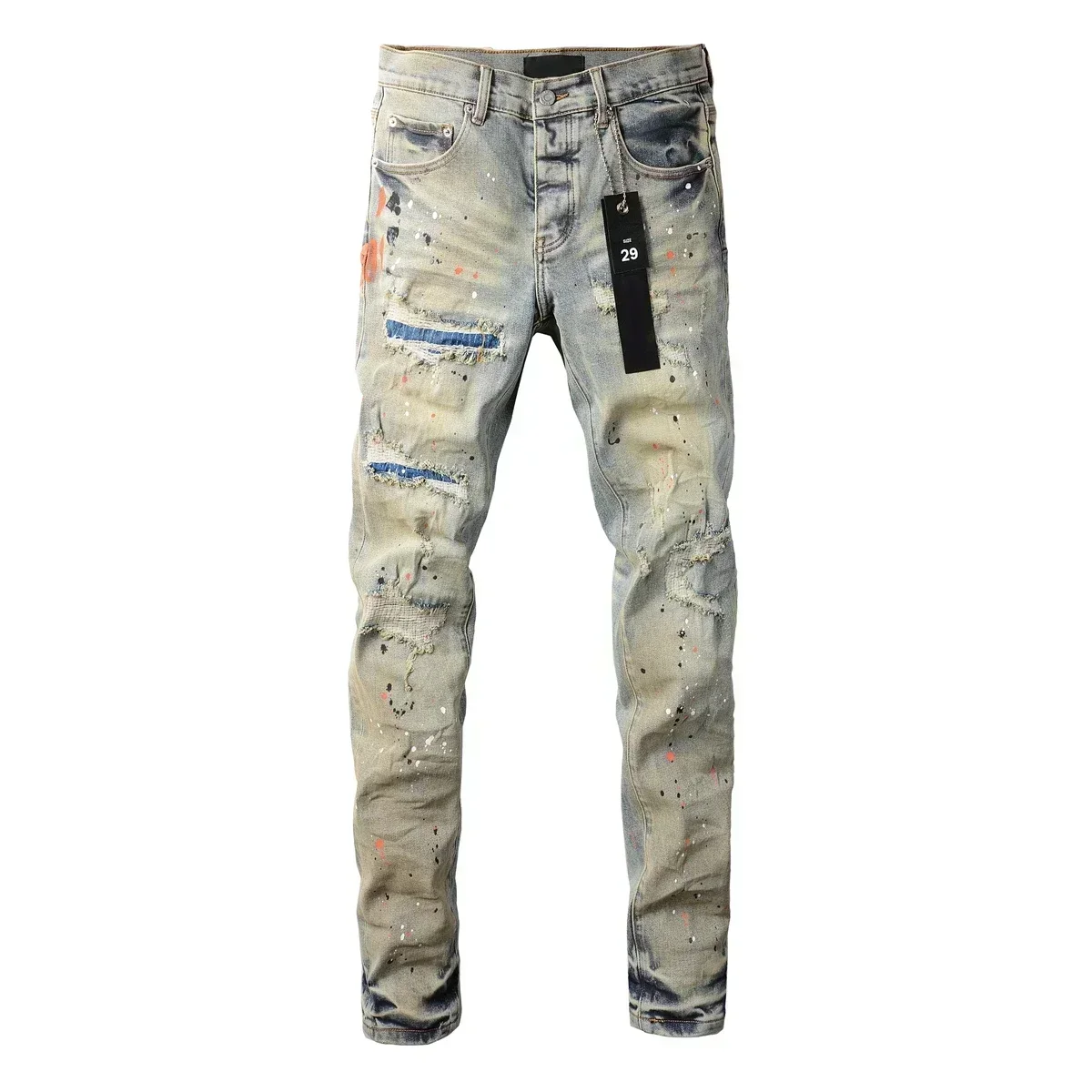 2024 New Purples Men jeans with top street distressed paint repair low raise Skinny Denim brands pants