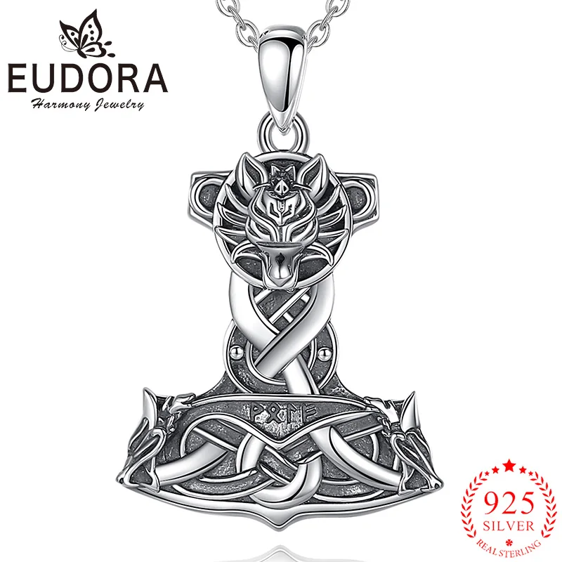 Eudora New 925 Sterling Silver Viking Thor's Hammer Necklace Vintage Celtic Knot Pendant  Personality Jewelry for Men Women