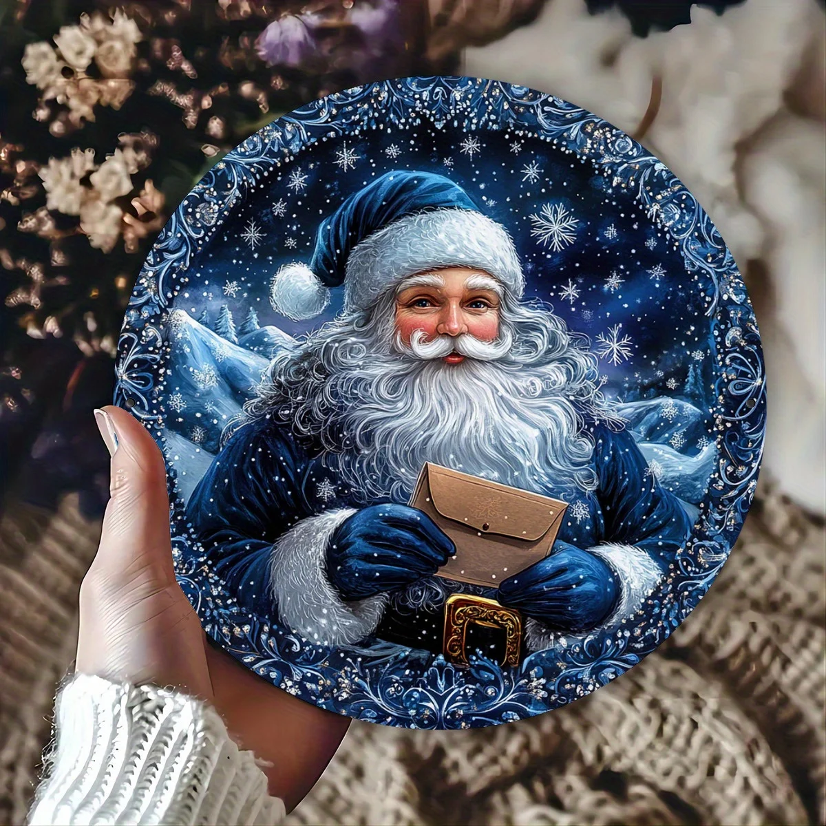 Bezauberndes, bezauberndes Winter-Weihnachtsmann-Schild, 20,3 x 20,3 cm, rundes Aluminiumschild – rustikale blaue Wanddekoration für Zuhause, Café, Schlafzimmer und Wohnzimmer