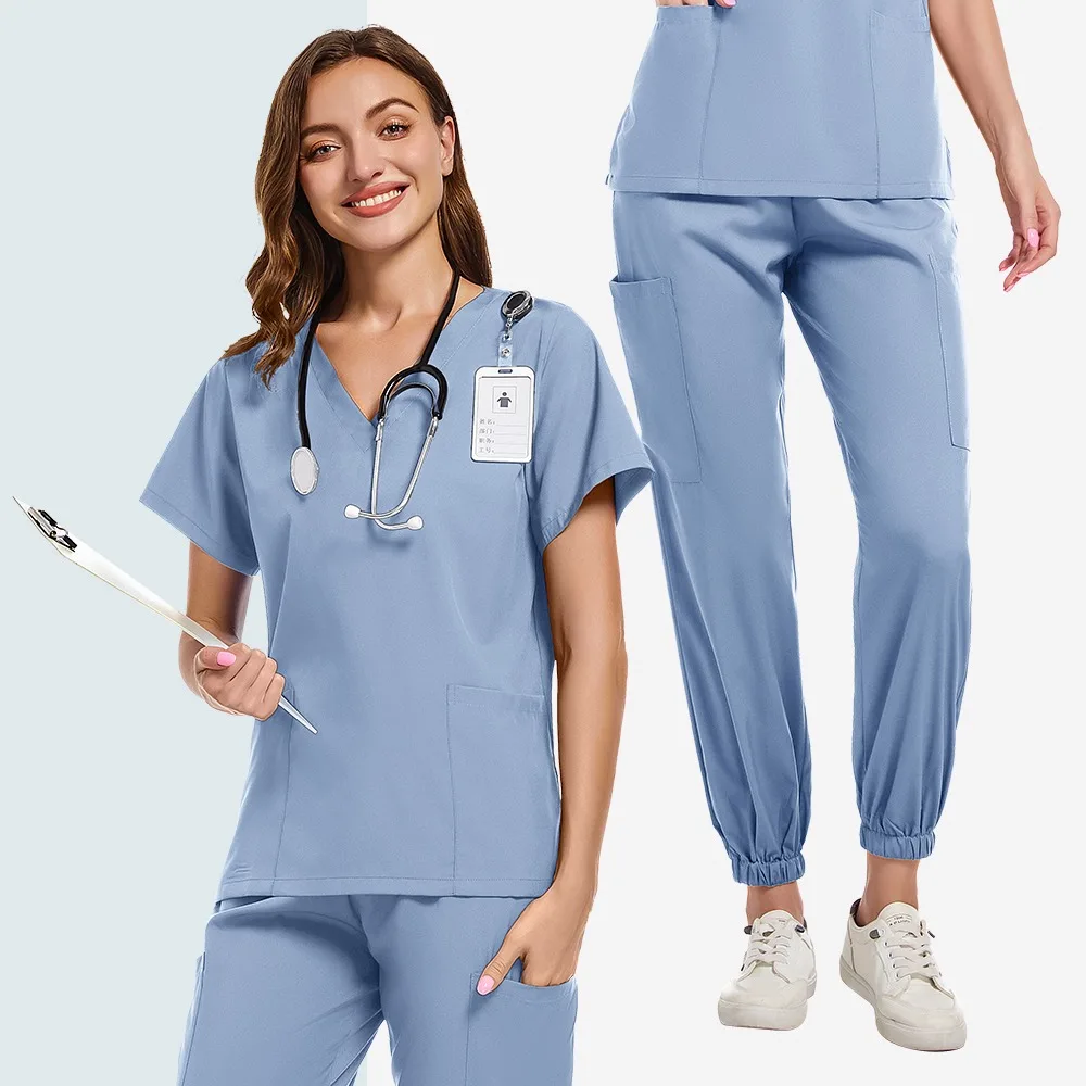 Scrubs Chirurgische Uniformen Mode Vrouw Schoonheid Werkkleding Arts Verpleegkundige Uniform Rechte Broek Set Pocket Tops Medisch Klinisch Pak