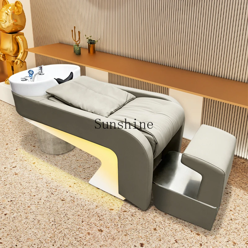 

Light luxury shampoo barber shop hair salon semi-reclining high-end flush bed ceramic basin with light