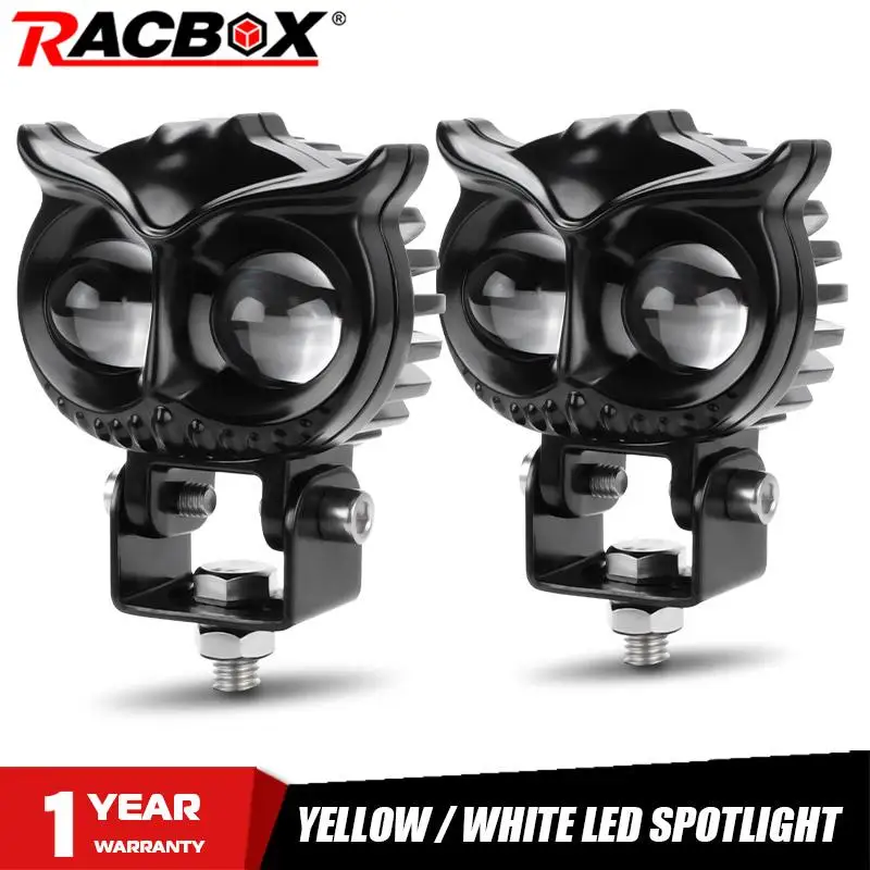 Owl Spotlight Motorcycle LED Headlight White 6000K Fog Light  Yellow 3500K Auxiliary Work Light For Car Truck ATV 4WD UTV SUV