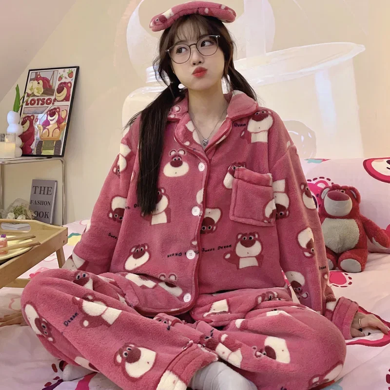 Strawberry Bear Pajamas Winter Disney Loungewear Cartoon Long Sleeve Pants Lapel Women's Suit Strawberry Bear Women's Pajamas