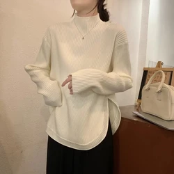 Women Pullover Sweater loose Knitted half turtleneck Long Sleeve Half Turtleneck Sweaters slit Soft Blouse Jumper Top