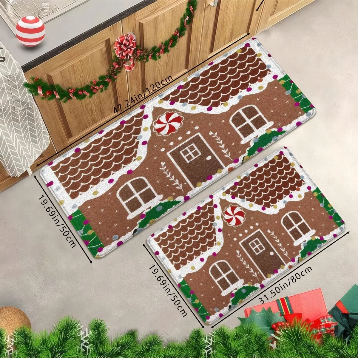 VIKAMA Red Plaid Gingerbread Train Candy Cane House Wishes, Non Slip Washable Absorbent Soft Rug Set, Xmas Home Decor Gift