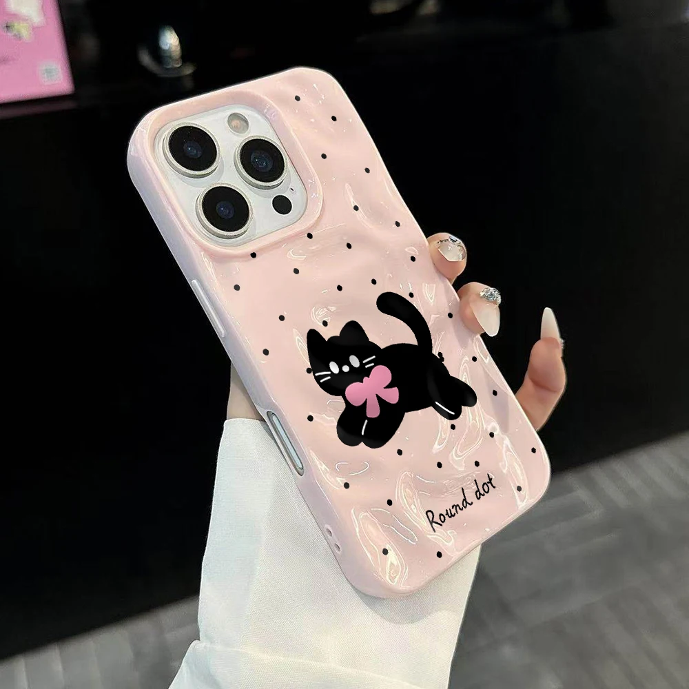 Polka Dot Niedliche Kätzchen-Druck Handyhülle für iPhone 17 16 15 14 13 12 11 Pro Max 14 Plus 17Air Falten-Wellen Weiche Silikonhülle – Detail 3