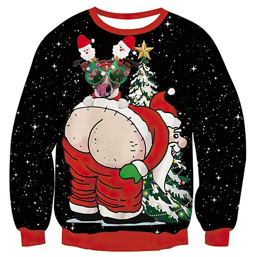 Funny 3D Print Santa Claus Reindeer Sweatshirts For Men Christmas Pattern Hoodies Round Neck Winter Holiday Tops Party Pullover