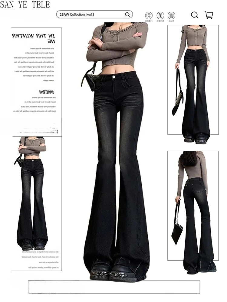 

Black Washed Micro Flared Jeans Women's Autumn Winter New Elastic Design Low Waisted Y2K Slim Fit Fashion Casual Trousers
