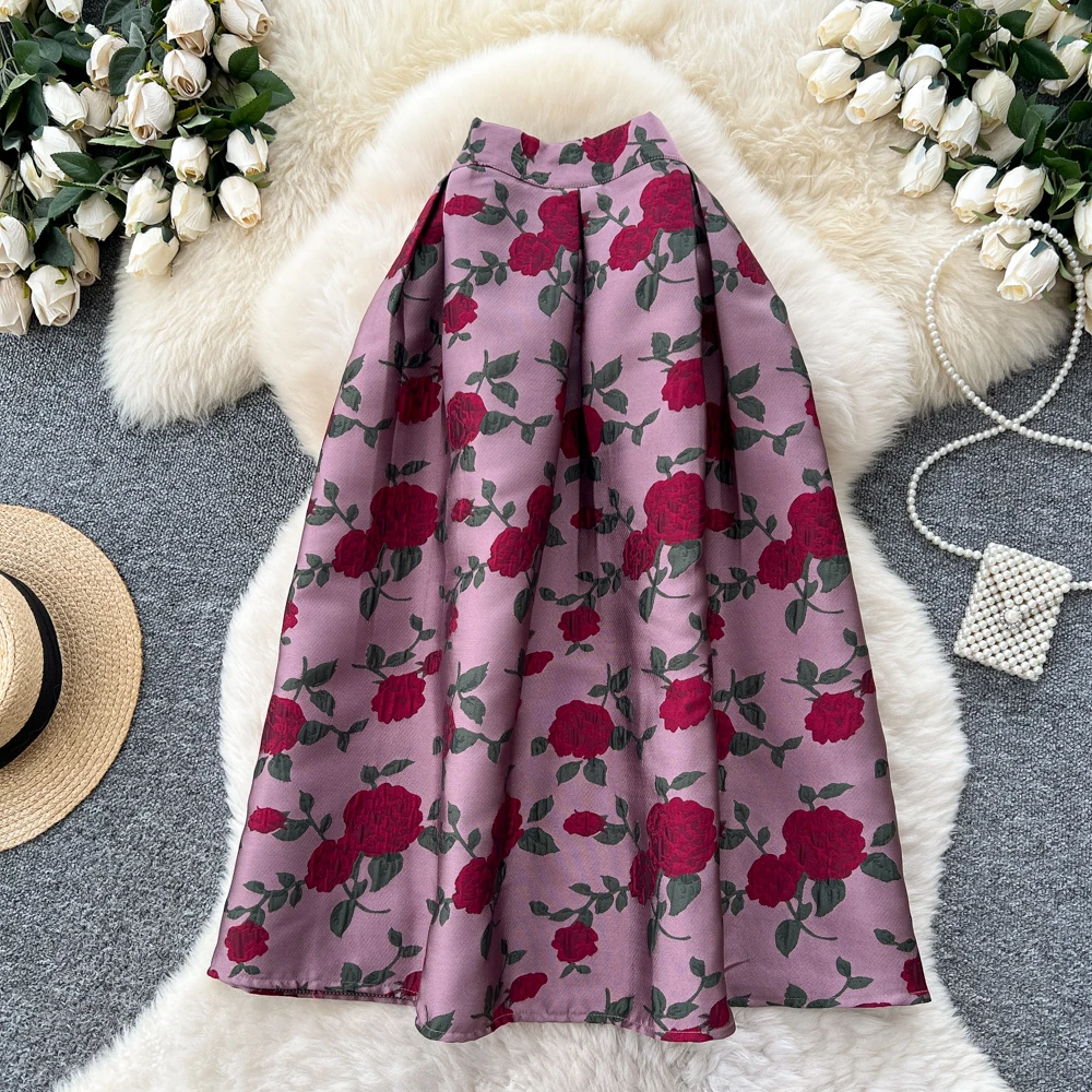 Clothland Damska Spódnica w Kwiaty z Elastyczną Gumką w Pasie, Krój A, Europejski Styl, Elegancka, Długość Midi do Połowy Łydki, Retro, Model BA357