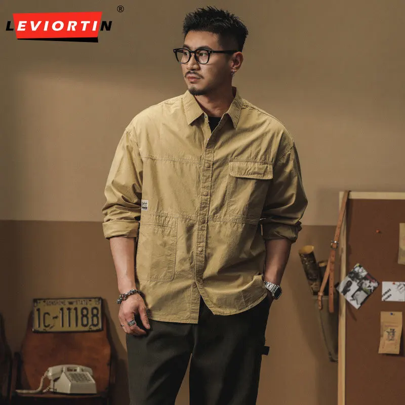 2025 Spring and autumn men's fashion trend: loose, comfortable, casual, handsome, solid color pocket design, workwear shirt
