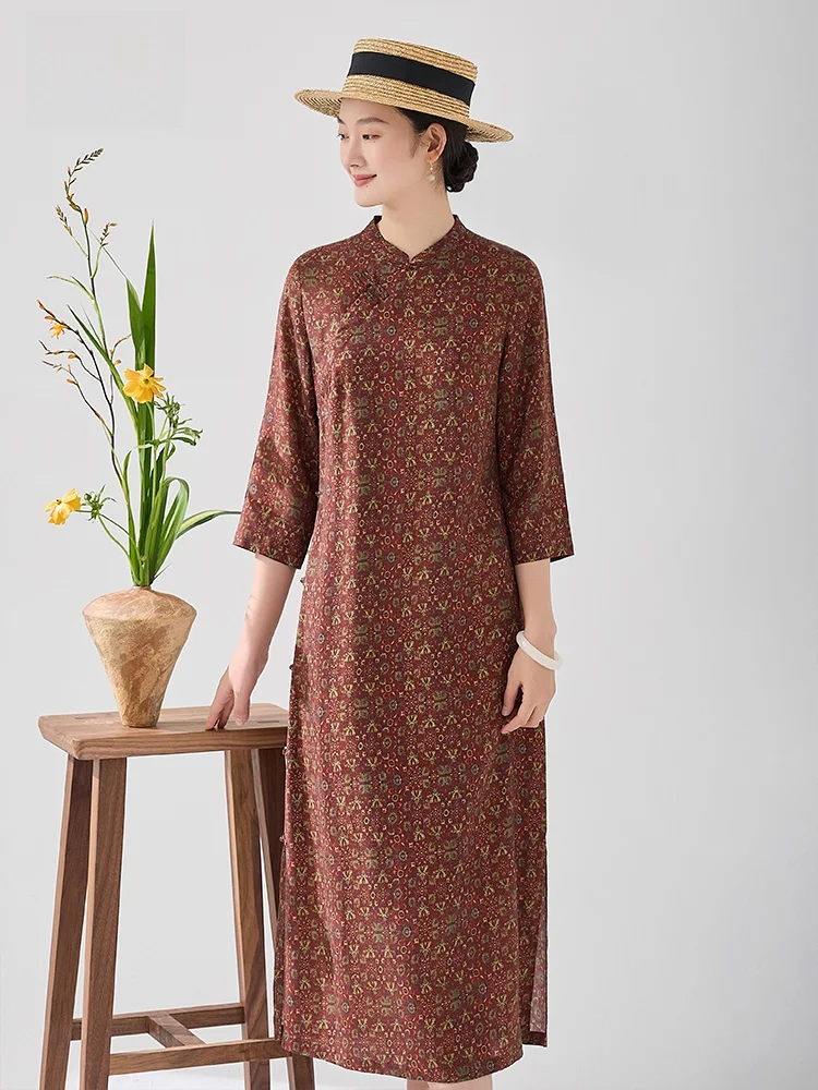 

Red Chinese Style Qipao Dress Summer Version Seven Sleeve Linen Silk Lightweight Dress Elegance Daily Wear Low Slit Long Skirt