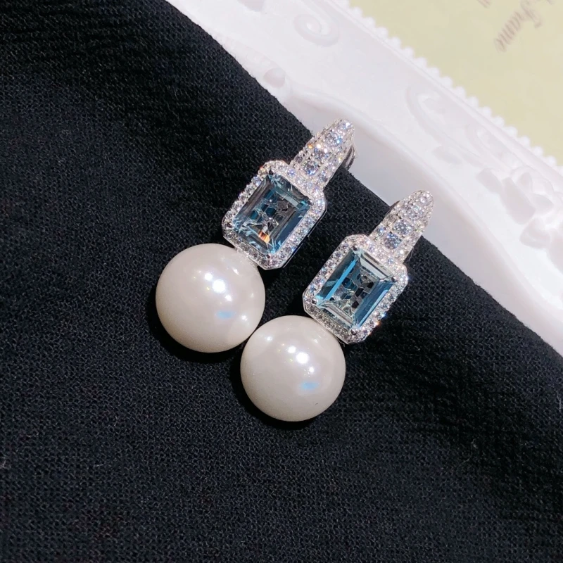 New 925 Sterling Silver Collocation 2.6 Carat Aquamarine Joins 12mm Pearl Women's Luxury Pendant Earrings