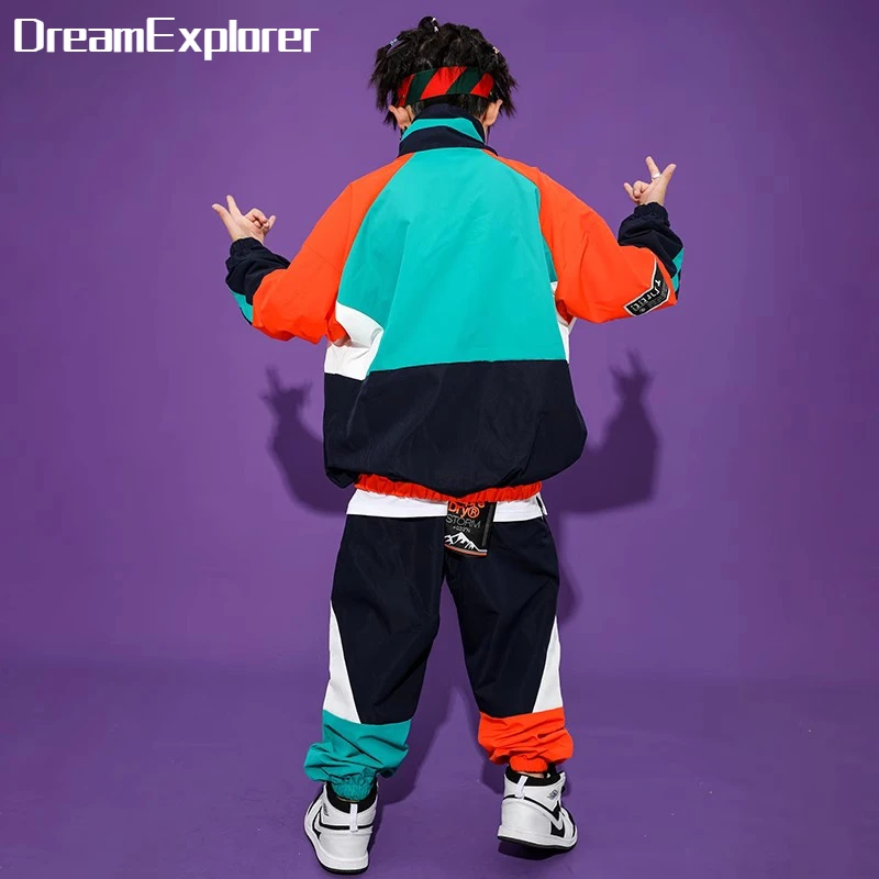 Boys Hip Hop Contrast Jacket Street Dance Loose Pants Girls Patchwork Coat Joggers Child Jazz Sport Clothes Sets Kids Streetwear