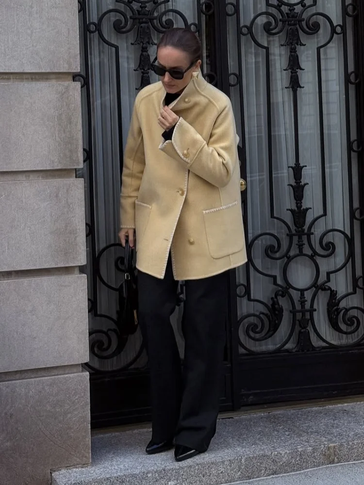 

Элегантное желтое шерстяное пальто, женское модное однобортное свободное пальто с высоким воротником и длинными рукавами, женская повседневная офисная куртка