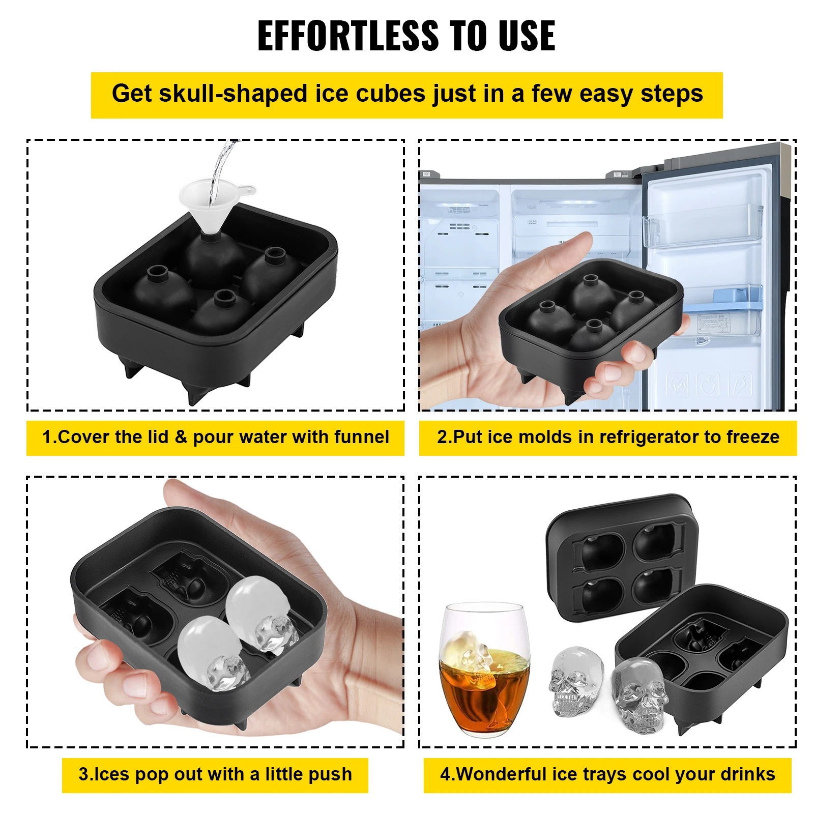 VEVOR Ice Cube Maker Black Silicone 4 Grid 3D Skull Shape Tray Home Party Bar Cool Whiskey Icy Beverage Ice Ball Mold DIY Tool