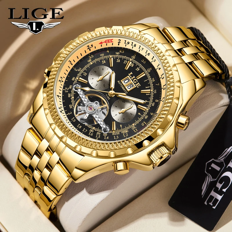 LIGE Mens Watches Automatic Mechanical Watch Tourbillon Clock Stainless Steel Waterproof Date Week Men Watch Military Wristwatch