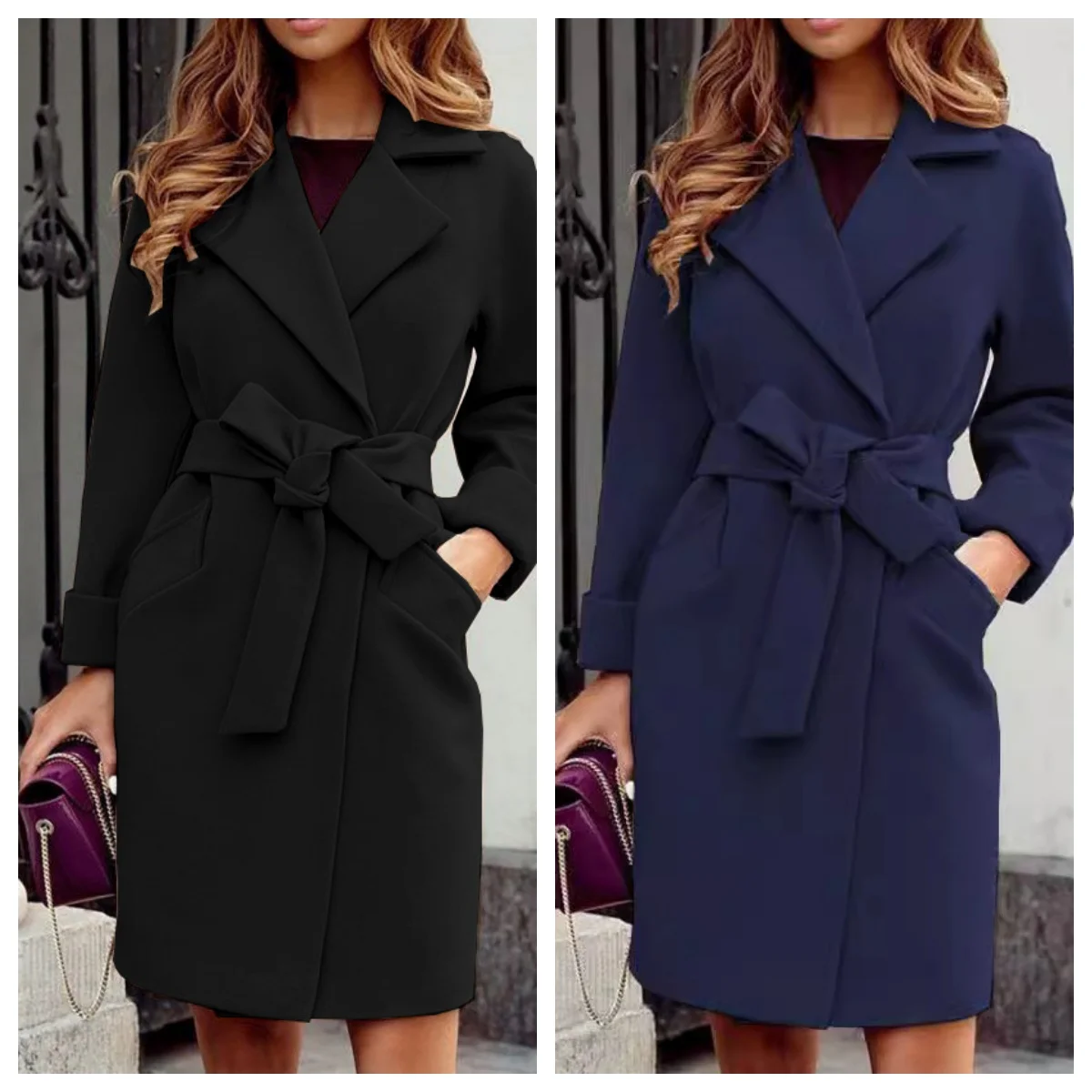 

Women Coat Casual Mid Long Overcoat Lapel Open Front Cardigan Outwear Woolen Boot Winter Jackets