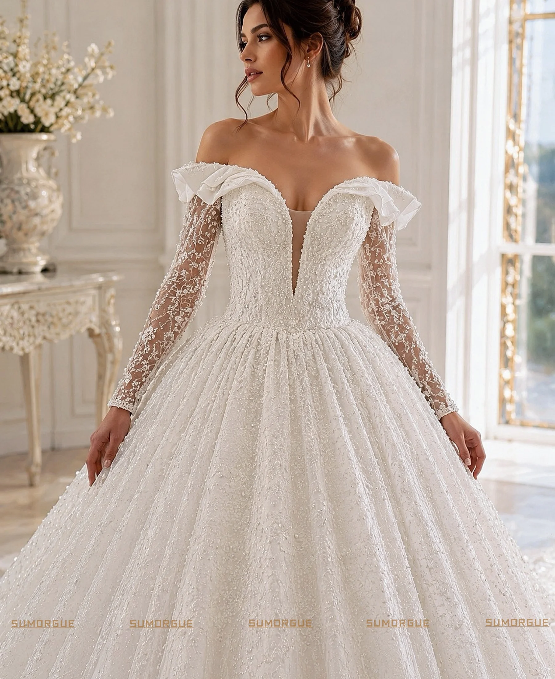 Luxury Princess Wedding Dresses Off Shoulder Long Sleeves Lace Ball Gown high-end Customzied Vestidos De Novia