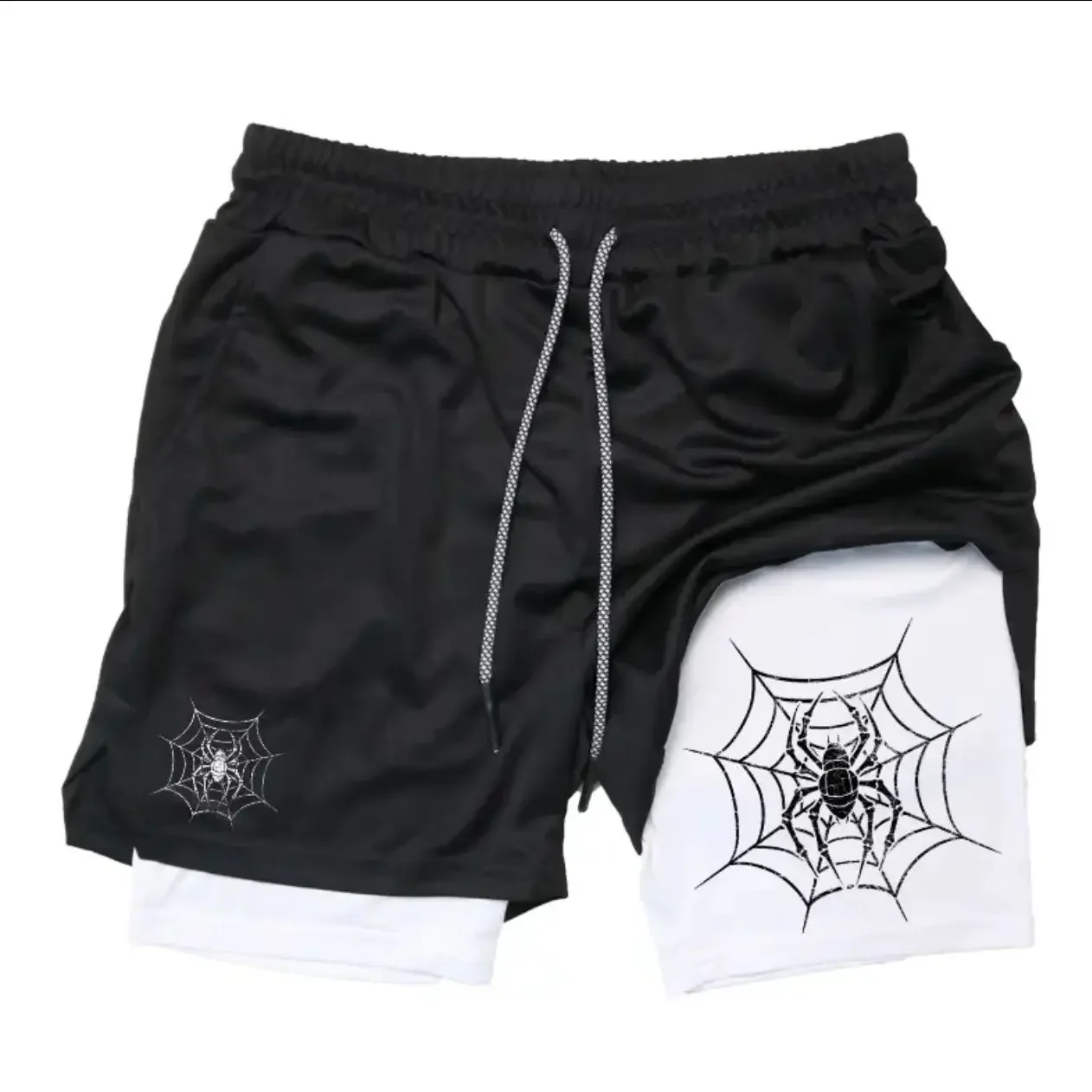 

Трансграничные мужские двухслойные шорты American High Street Y2K в темном стиле с принтом паука, спортивные повседневные брюки для фитнеса и бега