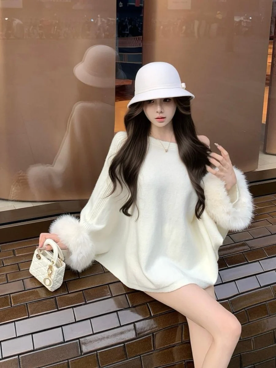 مثير مائل طوق oulder عارية طويلة Sve محبوك سترة المرأة فضفاضة العلوي الخريف موسم المنك المرقعة كسول Versati...