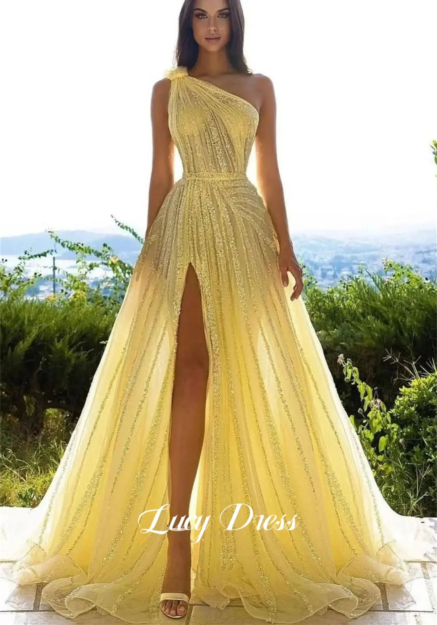 Line A Yellow Shiny Beaded Embroidery Ball Gown Elegant Party Dresses for Women 2024 Gala Luxury Graduation Dress Customized