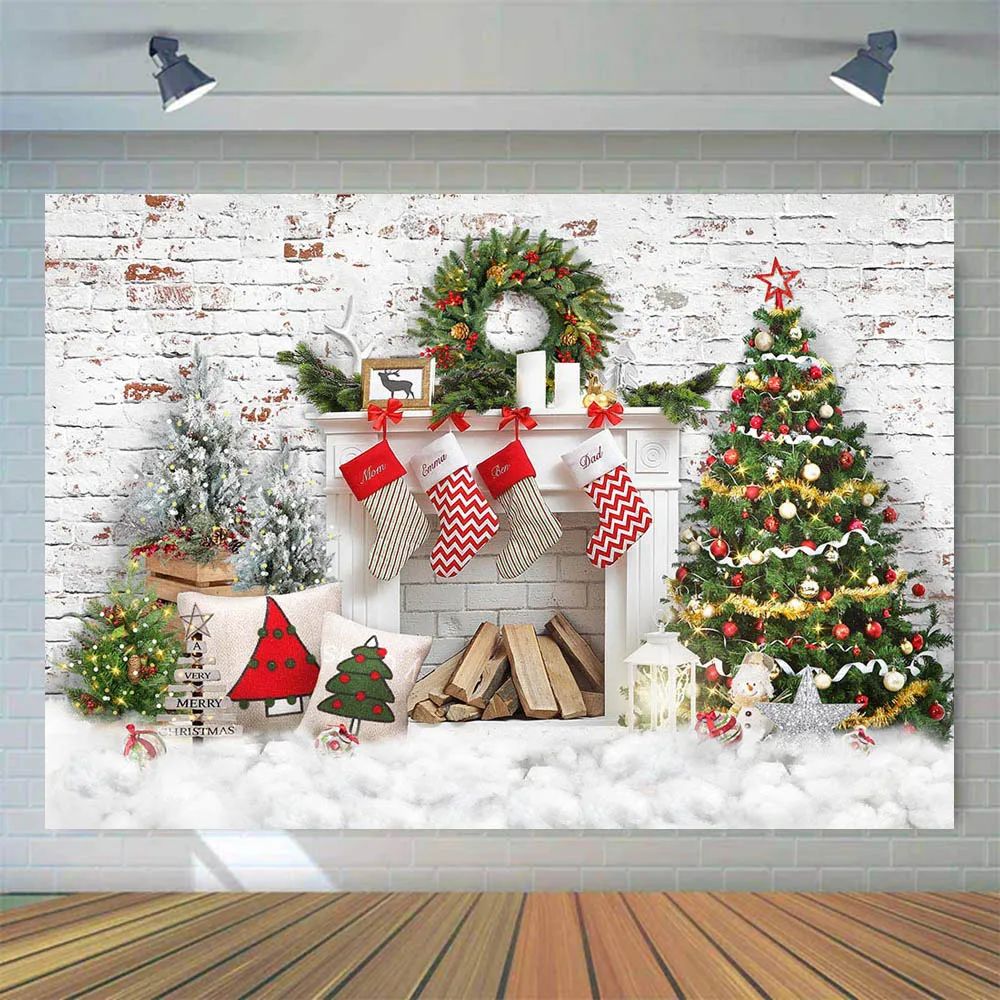 

Mocsicka White Brick Wall Christmas Backdrop Fireplace Christmas Tree Newborn Portrait Background Photo Studio Photography Props