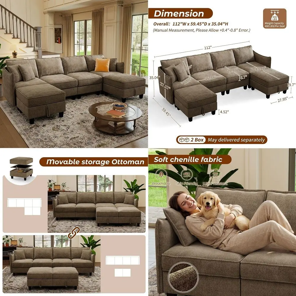 

112 Modular Sectional Sofa U Shape Couches with Storage Ottoman and Washable Cushion Cover for Living Room, Bedroom, ApartmentB