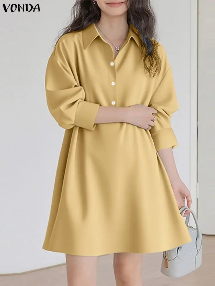

VONDA Plus Size 5XL Women Mini Dresses 2025 Sexy Long Sleeve Lapel Casual Shirt Vestidos Fashion Solid Color Short Sundress Robe