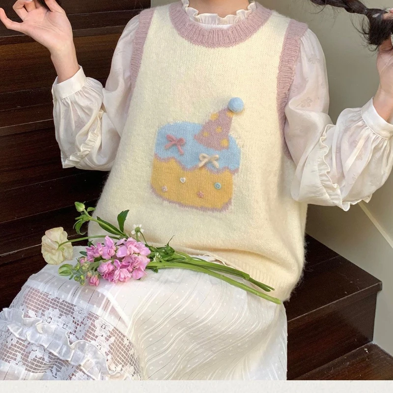 

Kawaii Jacquard Knitted Vest Women Autumn Winter Contrast Color O Neck Sleeveless Sweater Japanese Y2k Sweet Pullover