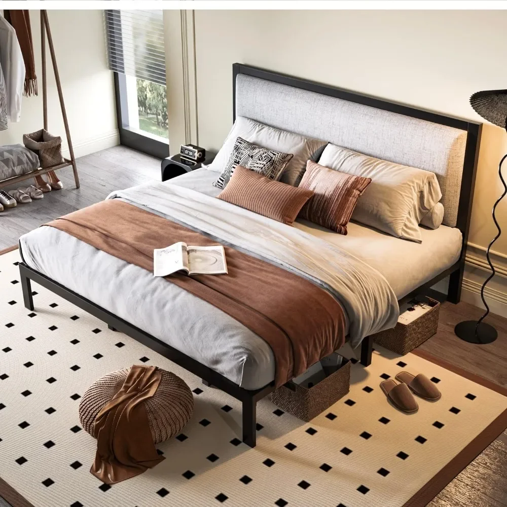 إطار سرير كبير مع لوح أمامي ناعم عالي ، هيكل معدني ، دعم لوح خشبي ، سهل التجميع ، صندوق زنبركي