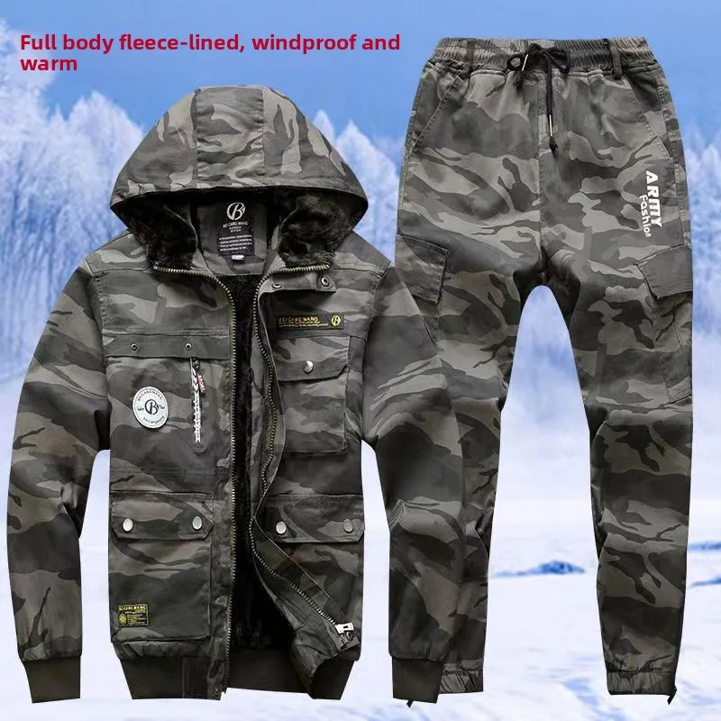 

Теплый камуфляжный рабочий костюм на флисовой подкладке для осени и зимы, эластичная повседневная мужская одежда для строительных работ и защиты труда