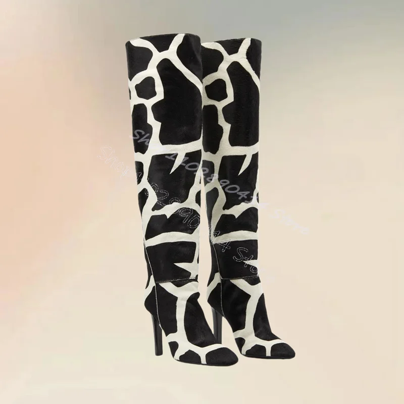 

Zebra Print Pointed Toe Knee High Boots Slip On Women Shoes Thin High Heels Novel Party Banquet Office 2024 Zapatos Para Mujere