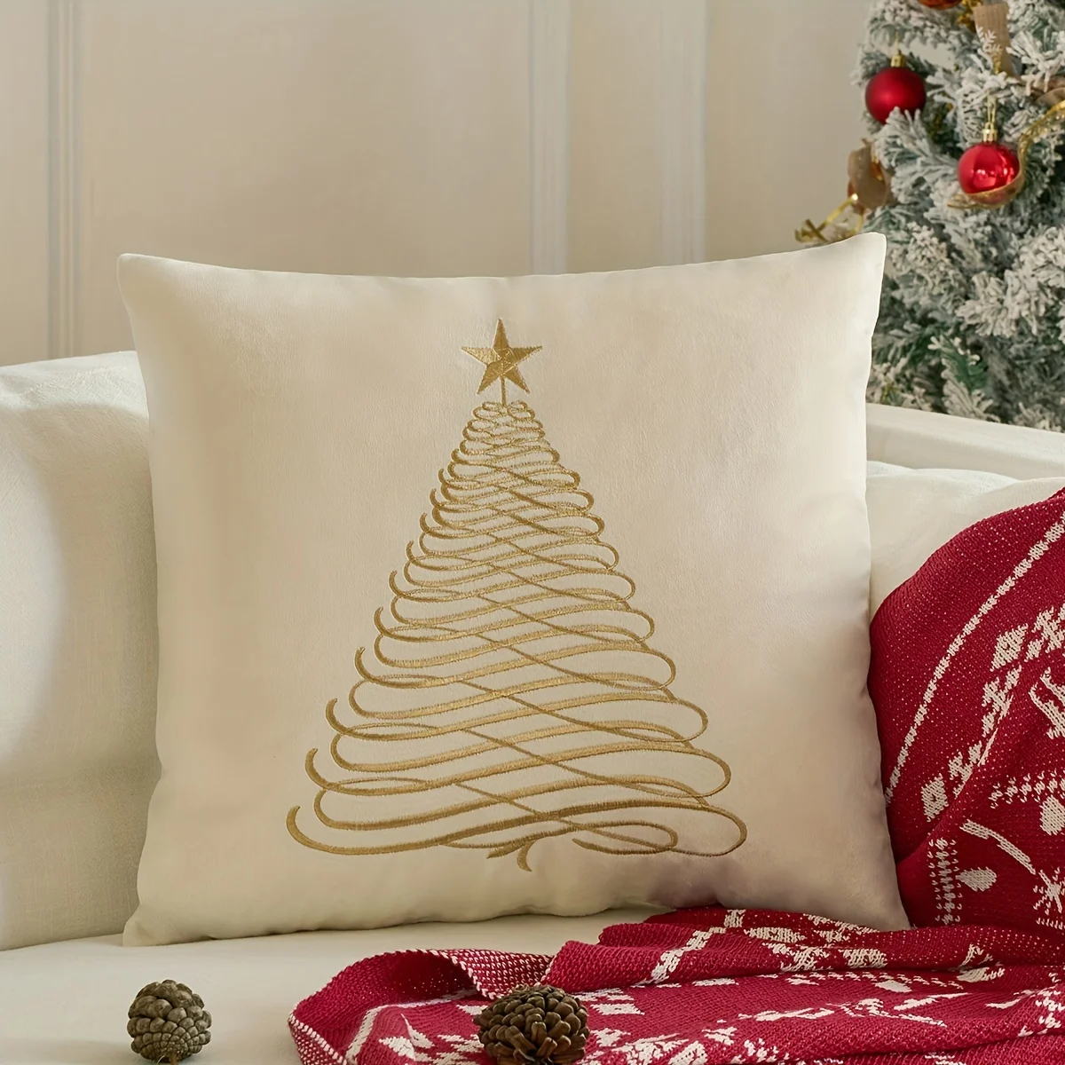 Christmas Tree Throw Pillow Cover, Christmas Snowflakes Decorative Throw Pillow Cover, Velvet Embroidery, Christmas Decor