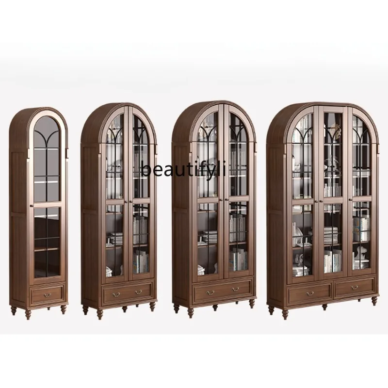 

Solid Wood Arched Bookcase with Glass Door Dustproof Retro Clothes Closet Home Living Room Display Cabinet Storage Locker