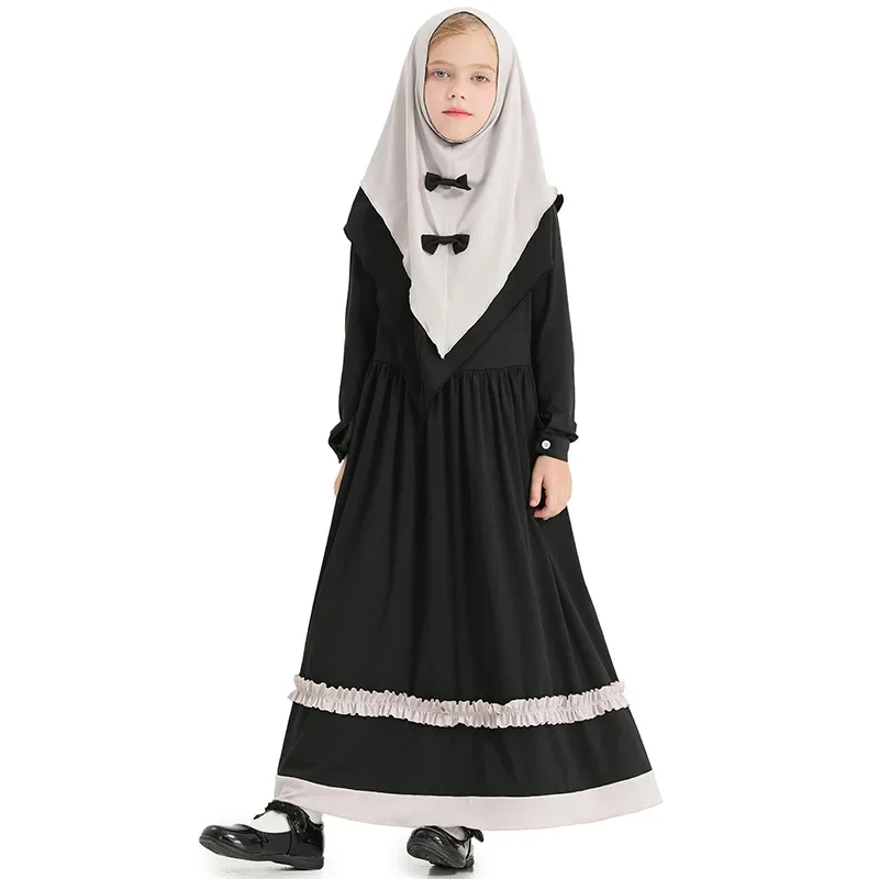 Kid Girls Abaya Ramadan Muslim Prayer Garment Hijab Maxi Dress Set Abayas Islamic Children Dresses Robe Arab Clothes 2-piece Set