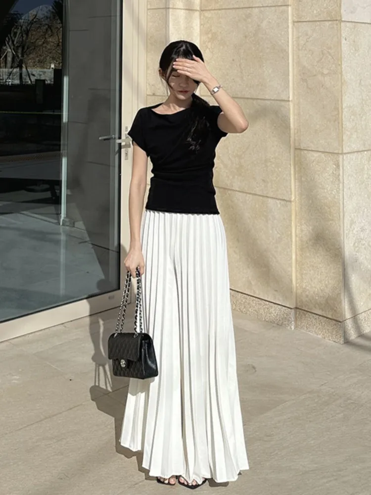 Spring Summer High Waist Long Pleated Pant Women Korean Style Loose Pleated Wide Leg Ladies Trousers Fashion Casual Woman Pants