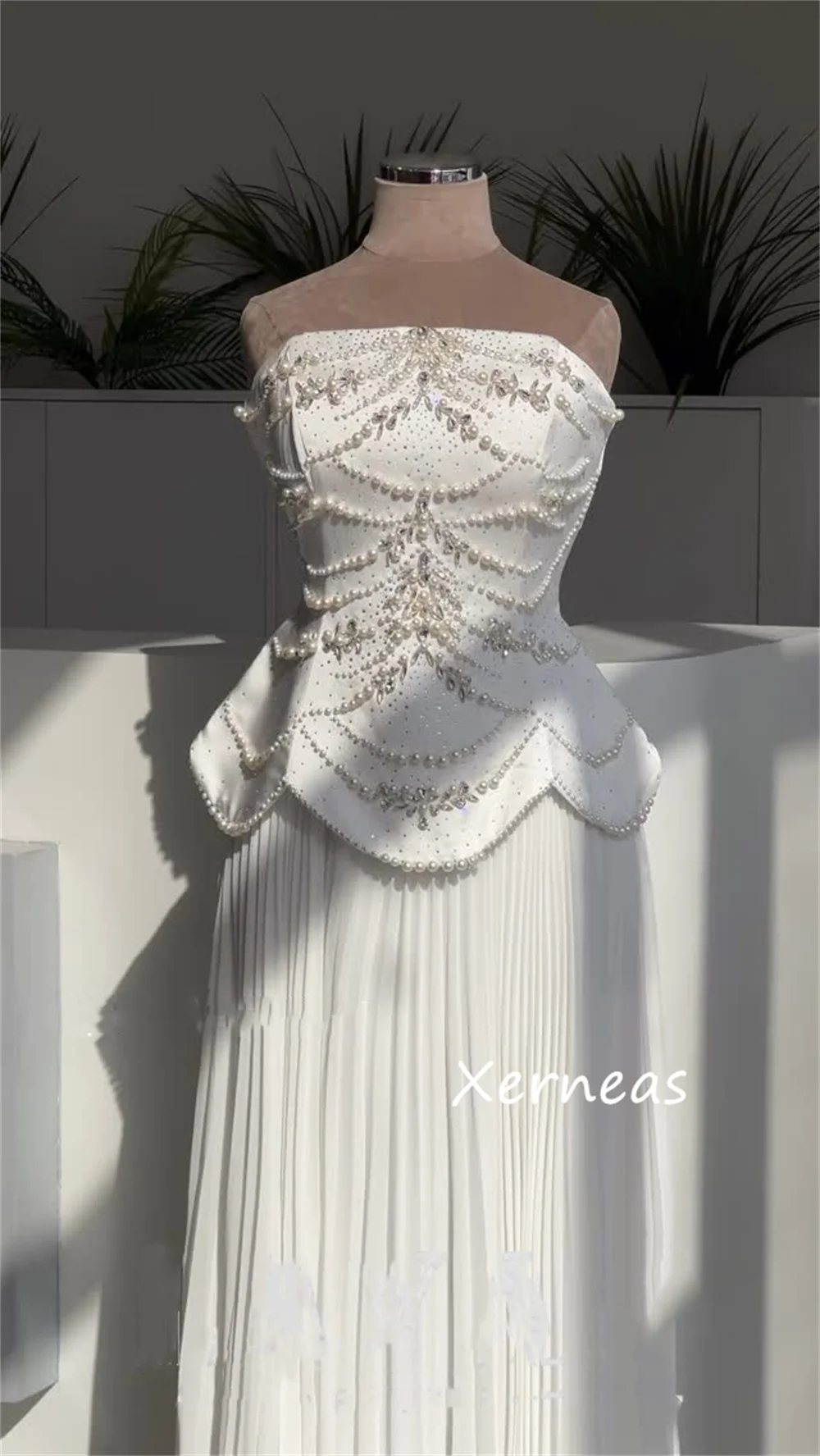 Customized Intricate Chiffon Pleat Pearl Sequined A-line Strapless Long Dresses Bespoke Occasion Homecoming Chinese Style