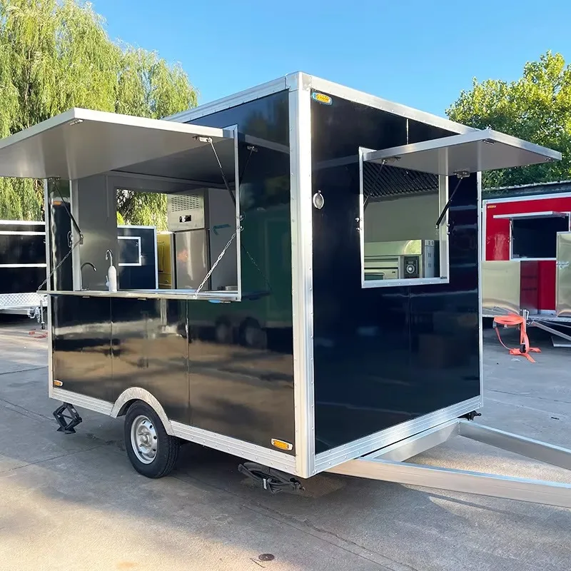 Square Shape Fully Equipped Stainless Steel Fiberglass Rust Resistant Food Truck Trailers Snack Carts Candy Refrigerator