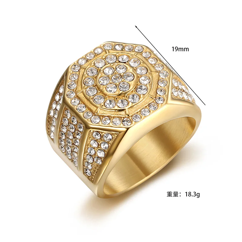 HIP Hop Bling Iced Out Stainless Steel Geometric Octagon Finger Rings for Men Rapper Jewelry Gold Silver Color Drop Shipping view 2
