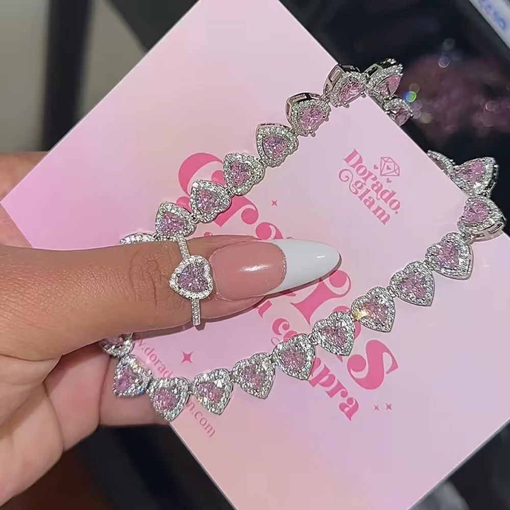 ZAKOL 2-teiliges Set Rosa-Weißes Herzförmiges Strass-Halsketten-Ring-Set Glänzender Zirkon Süßer Romantischer Schmuck Geschenk für Frauen Mädchen – Detail 4
