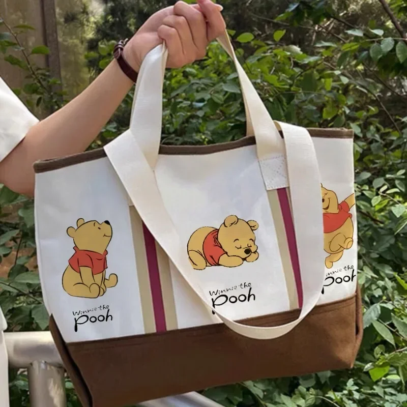 Disney Retro Canvas Handbag Kawaii Winnie The Pooh Large Cartoon Print Personality Temperament Fashion Shoulder Bag Shopping Bag