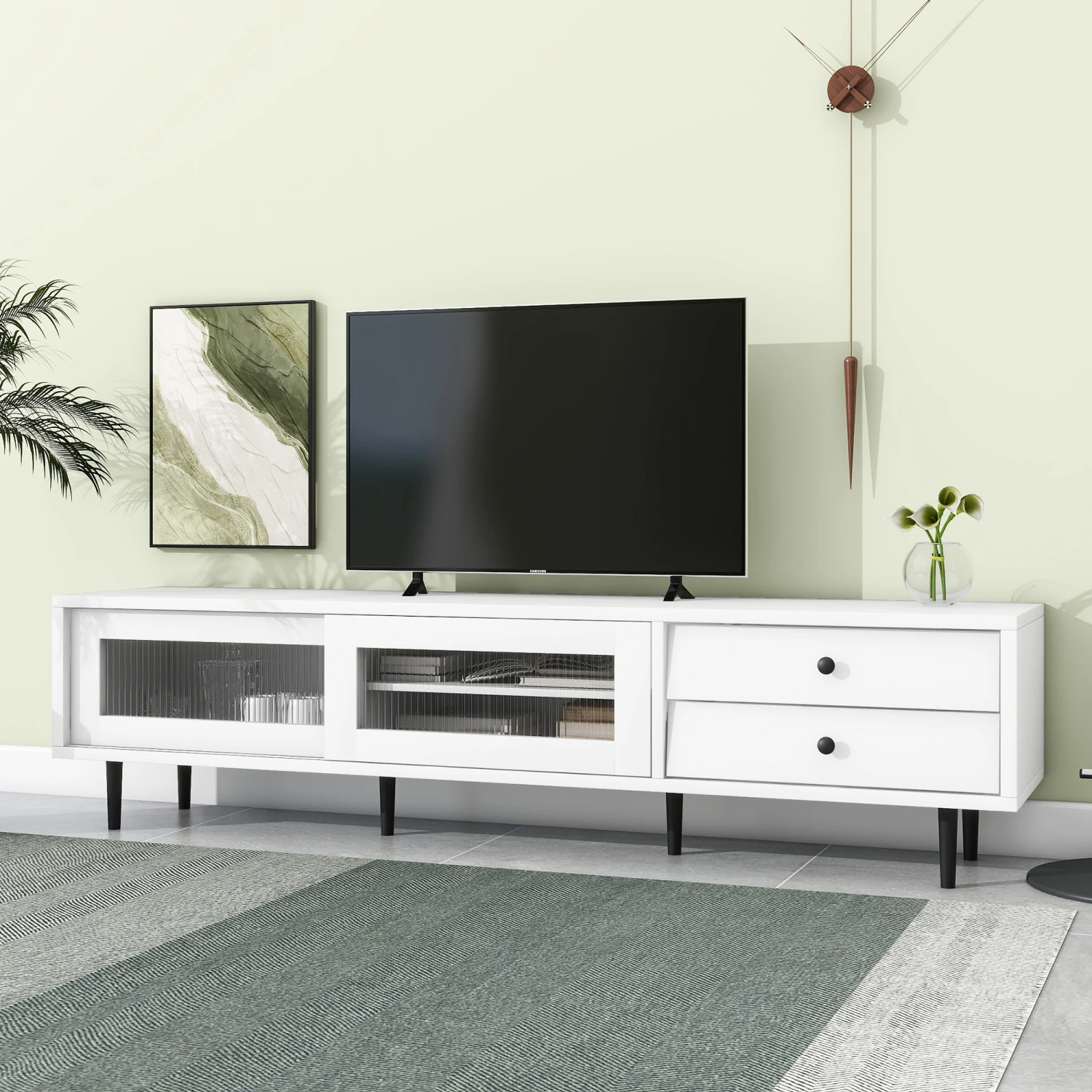 

ON-TREND Chic Elegant Design TV Stand with Sliding Fluted Glass Doors, Slanted Drawers Media Console for TVs Up to 75", Modern T