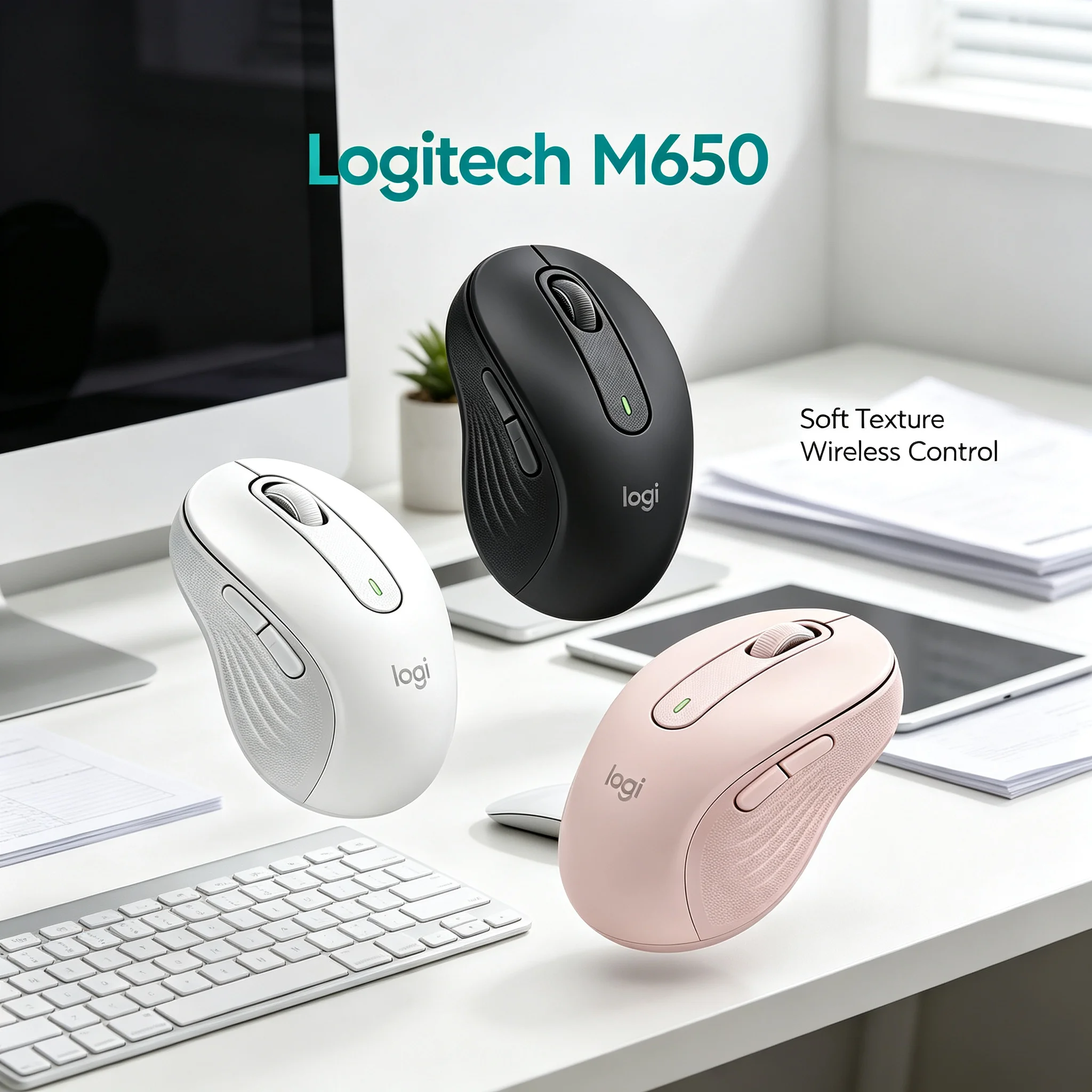 Logitech M650 Contoured Ergonomic Wireless Mouse Rubber Grips Silent Clicks for Small Medium Hands Desktop Work
