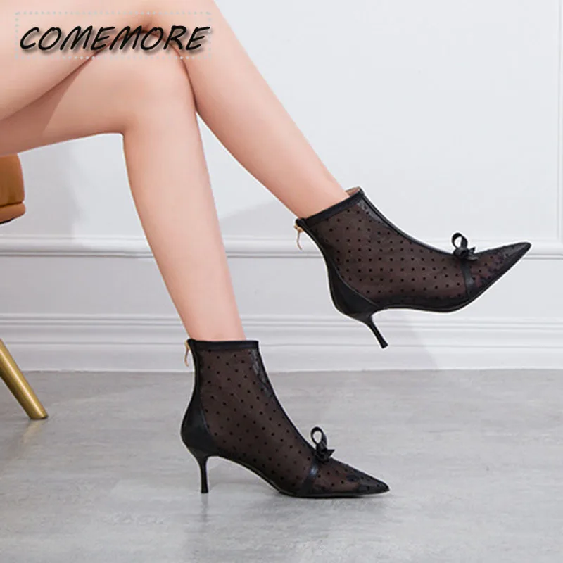 Women\'s Summer Boots Sexy Breathable High-heeled Pointed End Casual Shoes Fashion Mesh Zipper Bow Footwear Sandals Comfortable