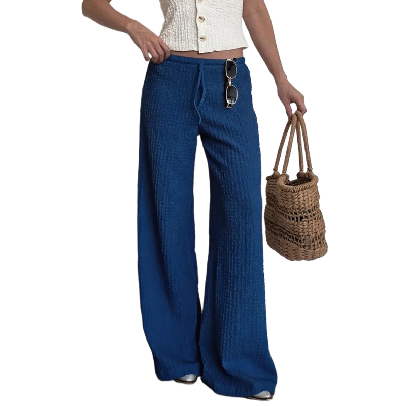 Summer Casual Women Vertical Texture Flare Pants Drawstring Elastic High Waist Loose Fit Breathable Daily Vacation Trousers