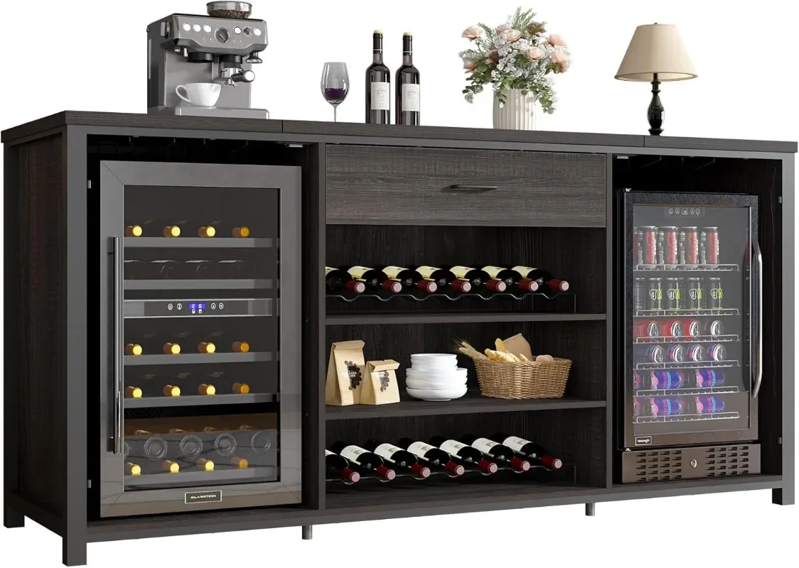 

LVB Long Bar Cabinet with Fridge Space, Farmhouse Big Liquor Cabinet with Drawer Storage, Rustic Wood Metal Large Wine Cabinet