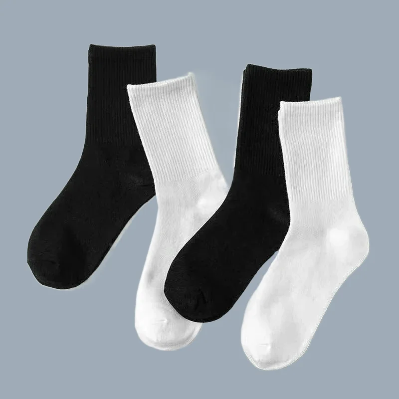 5/10 Pairs 2024 New High Quality Men Black White Middle Tube Socks Streetwear Soft Breathable Cotton Men's Casual Sports Socks