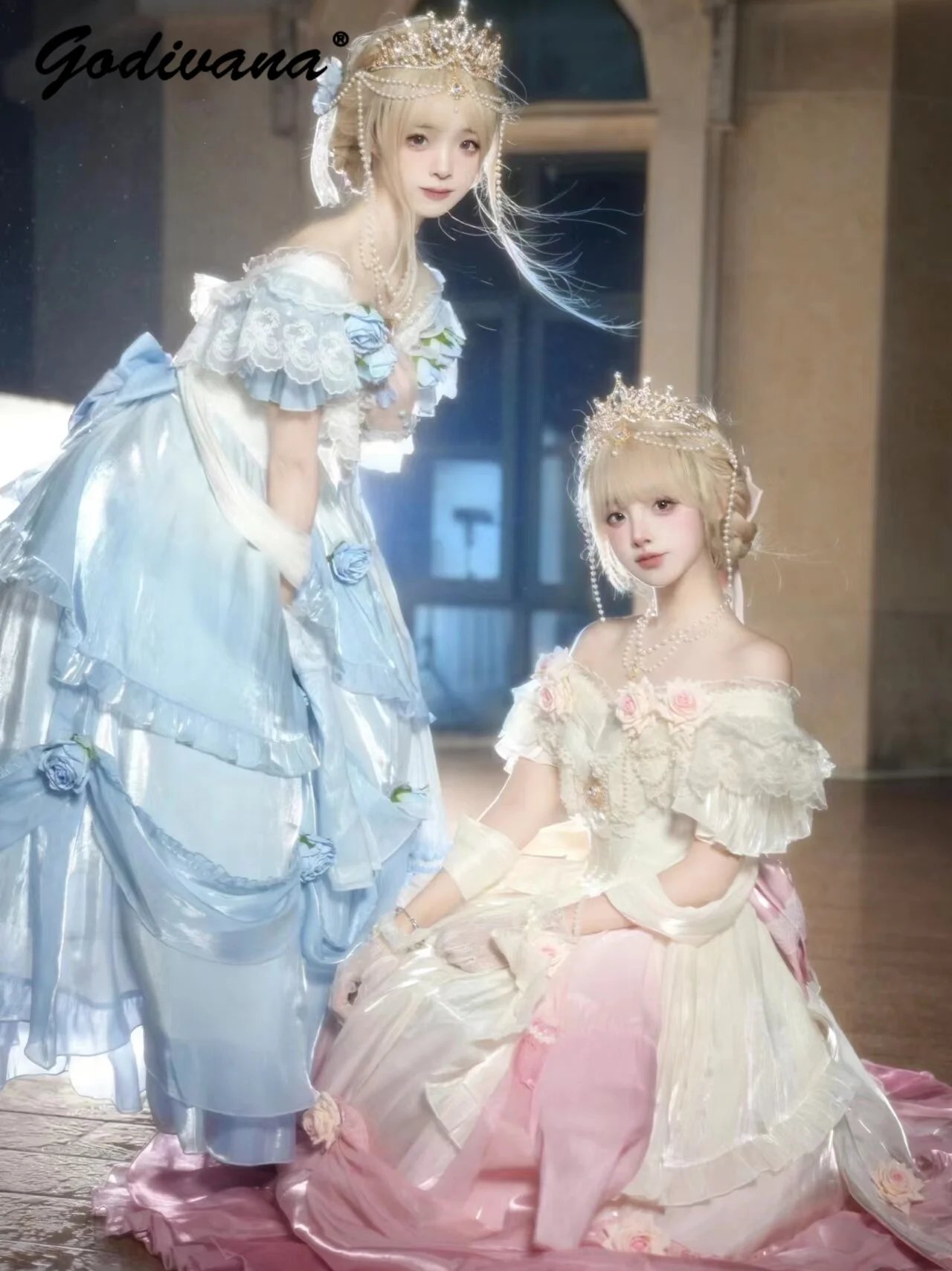 Vintage klassisches Lolita-Kleid für Damen, schulterfrei, Perlenkette, Blumendekoration, Farbverlauf, süße Prinzessin, langes Kleid